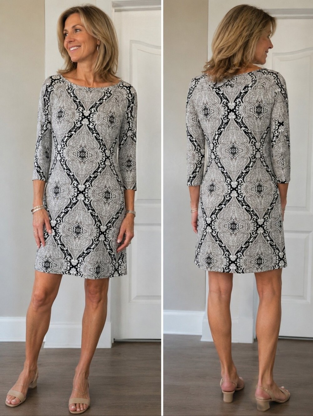 J. McLaughlin Black White Sheath Paisley Stretchy Office Sheath Dress Size XS